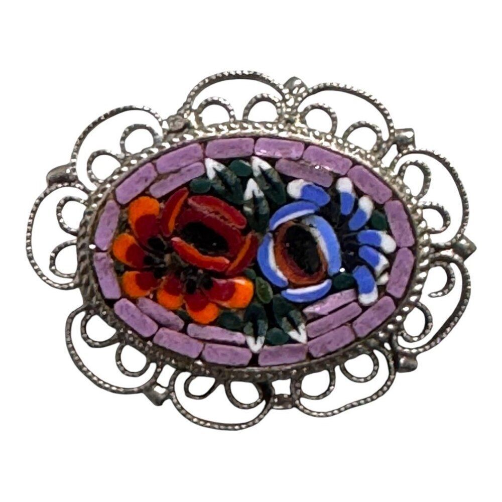 Vintage Italian Micro Mosaic Brooch Floral Design Oval Shape Silver Filigree 1"